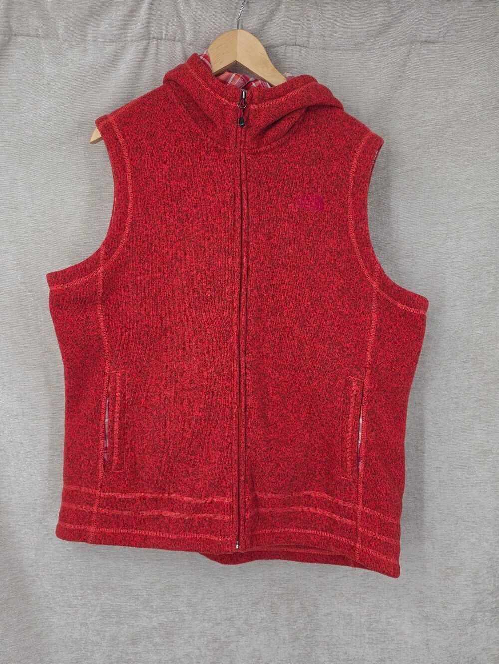 North Face Heathered Red Hooded Sleeveless Zip-Up Vest Women's XXL